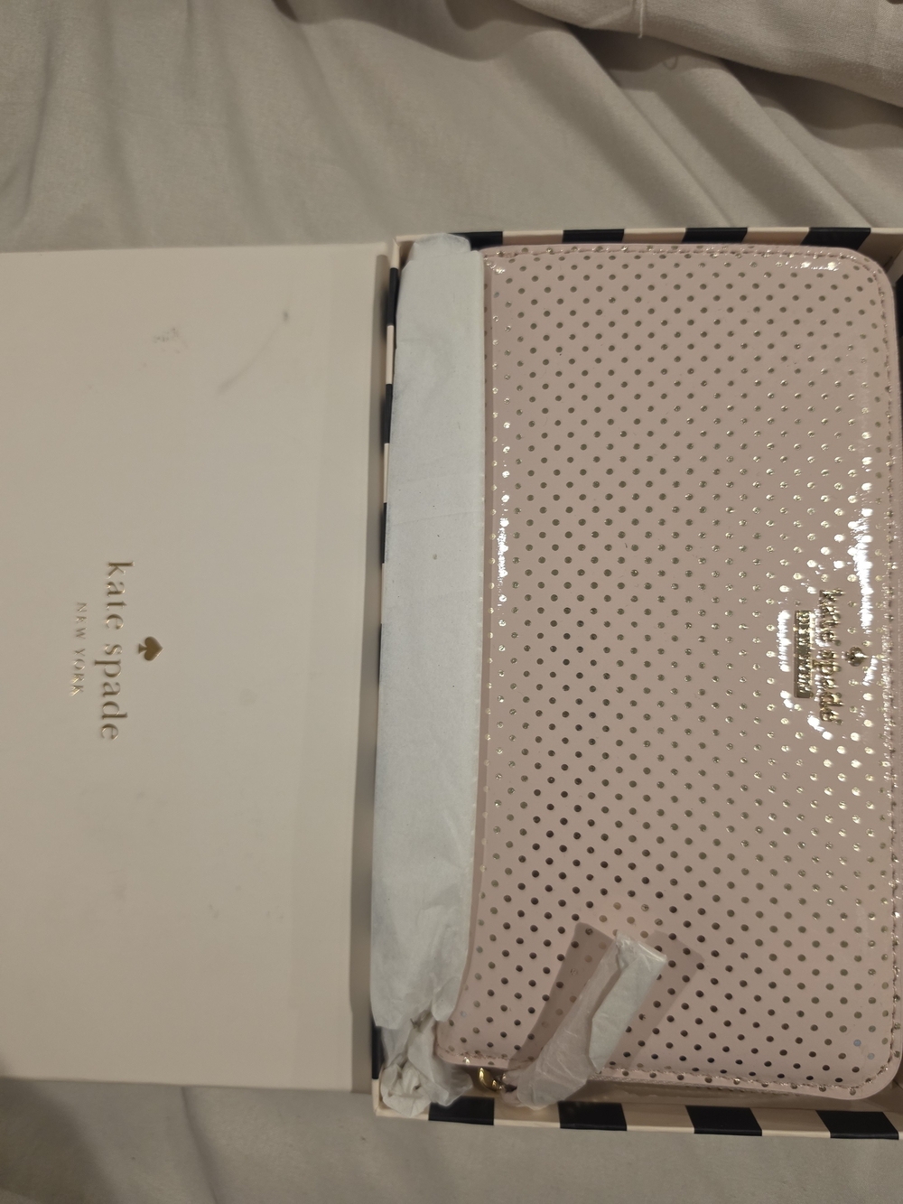 kate spade New York Blush Pink Perforated Zip Wallet, Gold Dots, New With Box